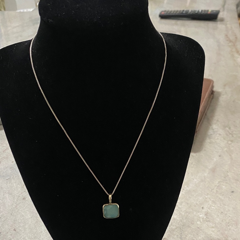 Aqua Natural Chalcedony and Sterling Silver Square Pendant Necklace w/ 925 Chain